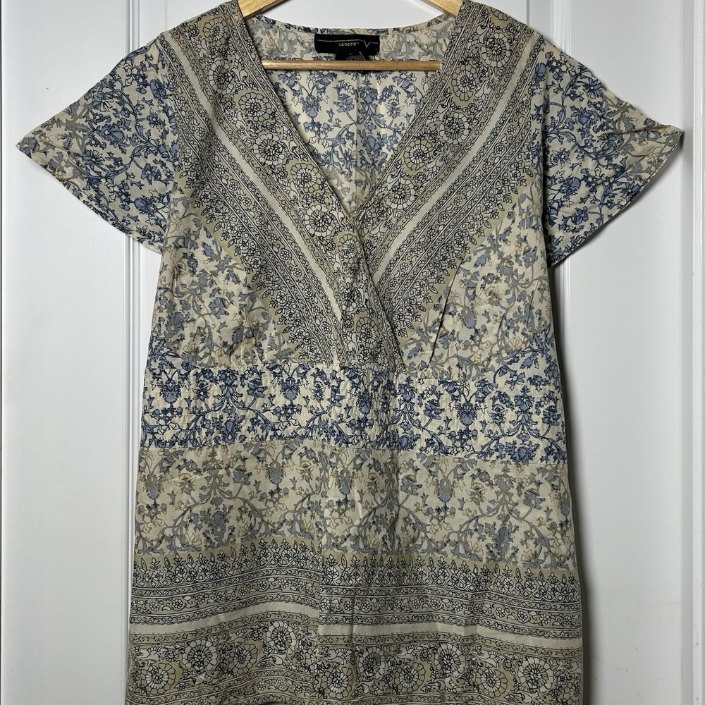 Venezia Beige Flutter Sleeve Floral Border‎ Print Surplice Top Boho Chic Style